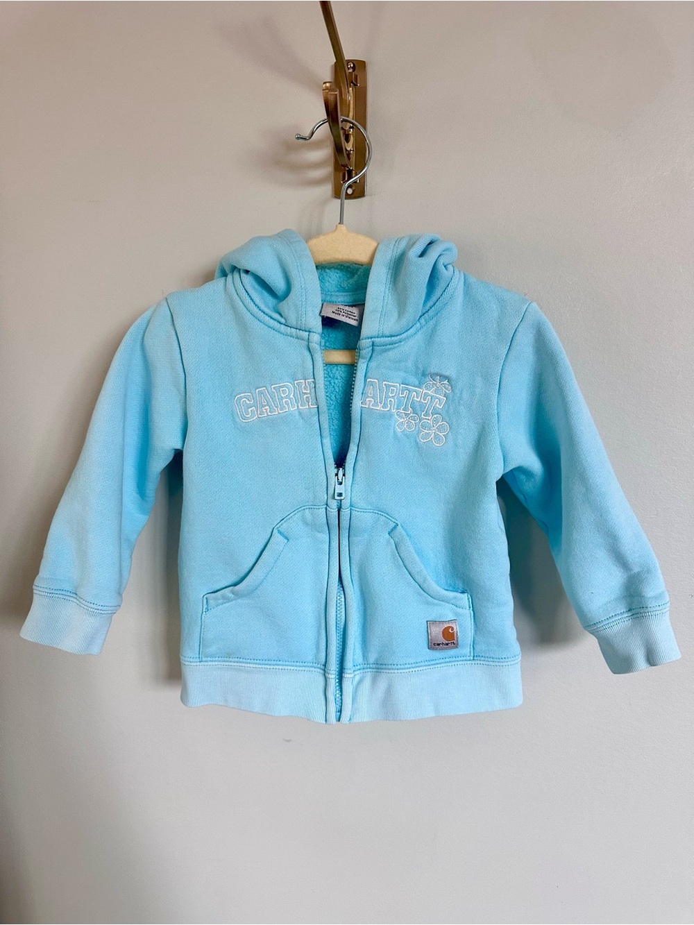 Carhartt Girls 18M Aqua Blue Floral Embroidered Full Zip Hoodie Fleece Lined